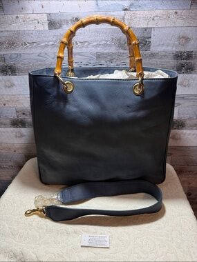 NWOT! Mark & Graham Blue Leather Tote with Bamboo Handles